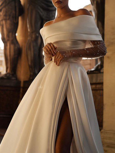 Ball Gown/Princess Off-the-shoulder Satin Watteau Train Wedding Dress #UKM00026859