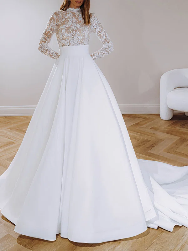 Ball Gown/Princess High Neck Lace Satin Chapel Train Wedding Dress #UKM00026860