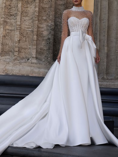 Ball Gown/Princess High Neck Satin Watteau Train Wedding Dress #UKM00026865