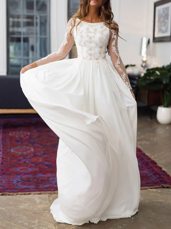 A-line Boat Neckline Chiffon Sweep Train Wedding Dress #UKM00026866