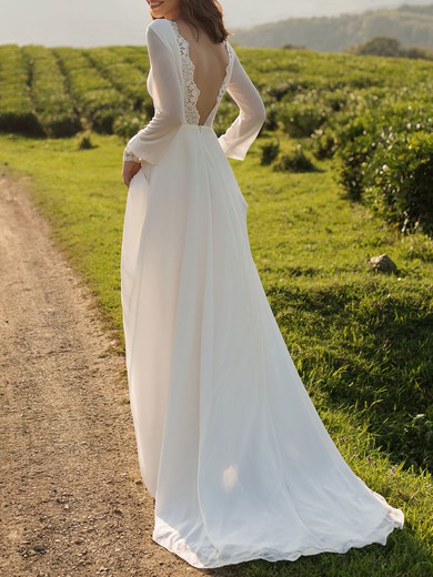 A-line Boat Neckline Chiffon Court Train Wedding Dress #UKM00026868