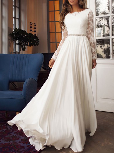 A-line Boat Neckline Lace Chiffon Sweep Train Wedding Dress #UKM00026870