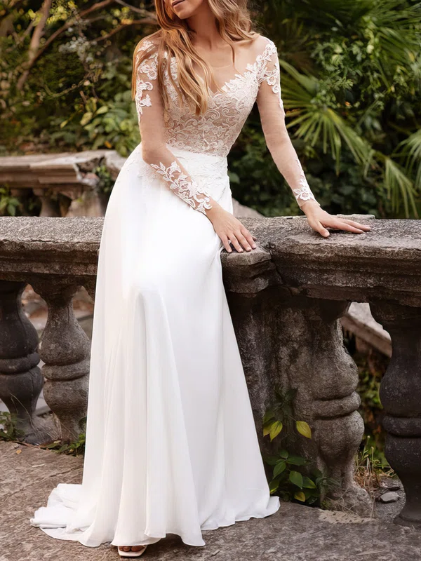 A-line Scoop Neck Chiffon Sweep Train Wedding Dress #UKM00026875