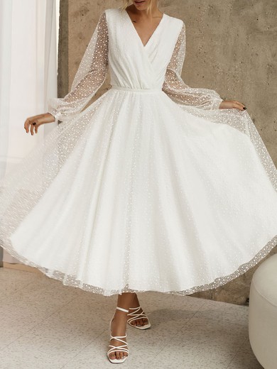 A-line V-neck Lace Tea-length Wedding Dress #UKM00026876