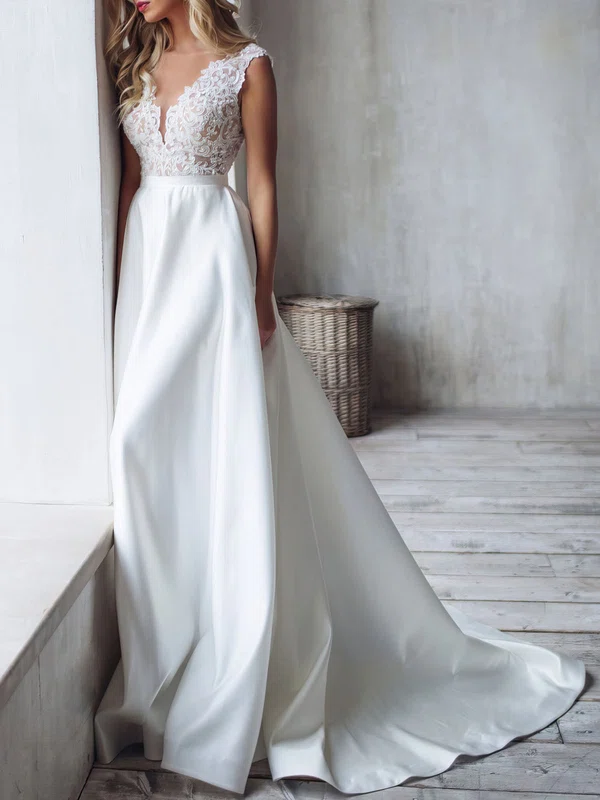 A-line V-neck Lace Satin Chapel Train Wedding Dress #UKM00026877