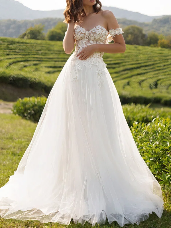 Ball Gown/Princess Off-the-shoulder Lace Tulle Court Train Wedding Dress #UKM00026880