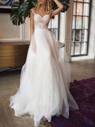 A-line Illusion Lace Tulle Sweep Train Wedding Dress #UKM00026881