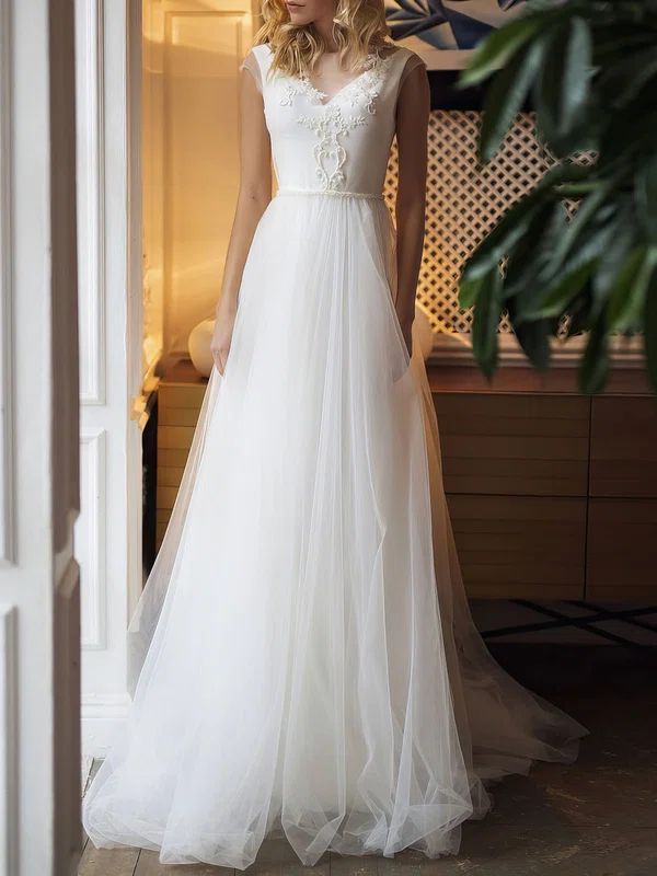 A-line Illusion Tulle Sweep Train Wedding Dress #UKM00026885