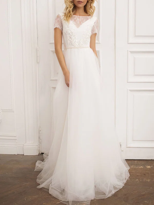 A-line Scoop Neck Lace Tulle Sweep Train Wedding Dress #UKM00026894