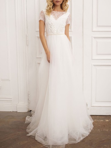 A-line Scoop Neck Lace Tulle Sweep Train Wedding Dress #UKM00026894