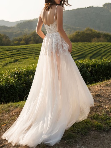 A-line Sweetheart Lace Tulle Court Train Wedding Dress #UKM00026895