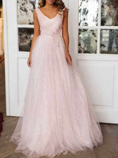 Ball Gown/Princess V-neck Lace Tulle Floor-length Wedding Dress #UKM00026897