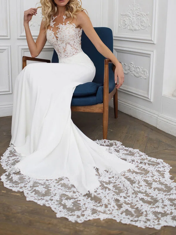 Trumpet/Mermaid Illusion Lace Stretch Crepe Chapel Train Wedding Dress #UKM00026900