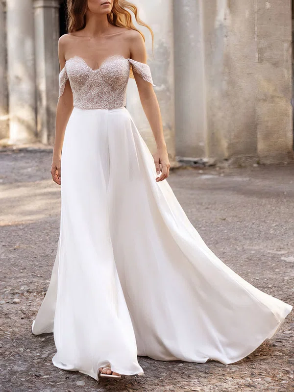 A-line Off-the-shoulder Lace Satin Sweep Train Wedding Dress #UKM00026902