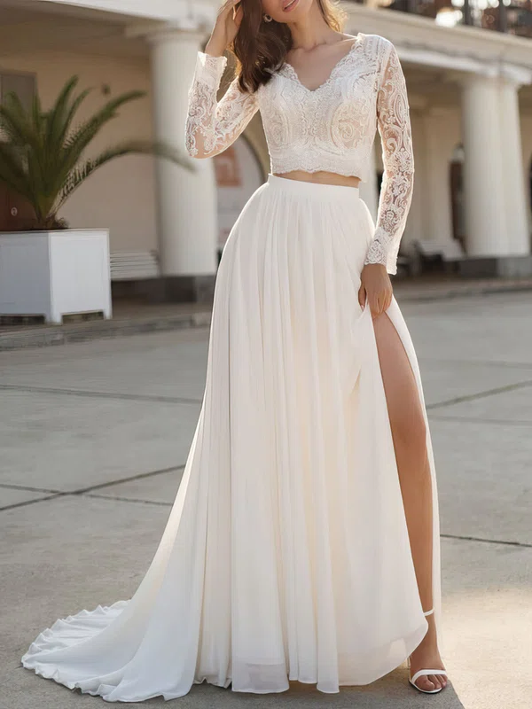A-line V-neck Lace Chiffon Sweep Train Wedding Dress #UKM00026904