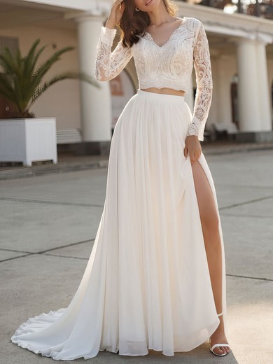 A-line V-neck Lace Chiffon Sweep Train Wedding Dress #UKM00026904