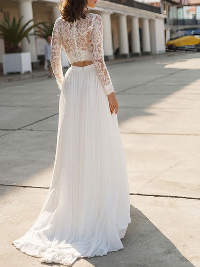 A-line V-neck Lace Chiffon Sweep Train Wedding Dress #UKM00026904