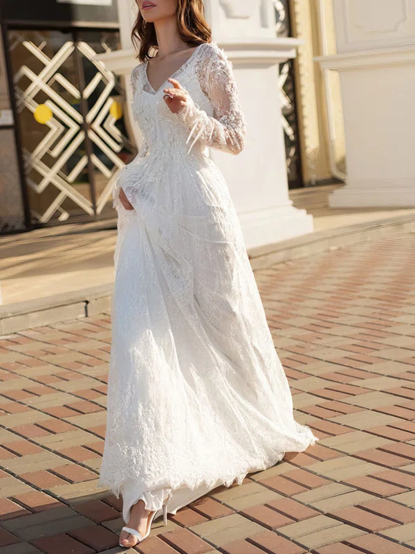 A-line V-neck Lace Chapel Train Wedding Dress #UKM00026906