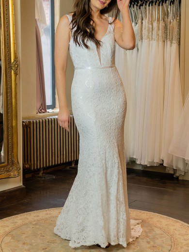 Trumpet/Mermaid V-neck Lace Sweep Train Wedding Dress #UKM00026916