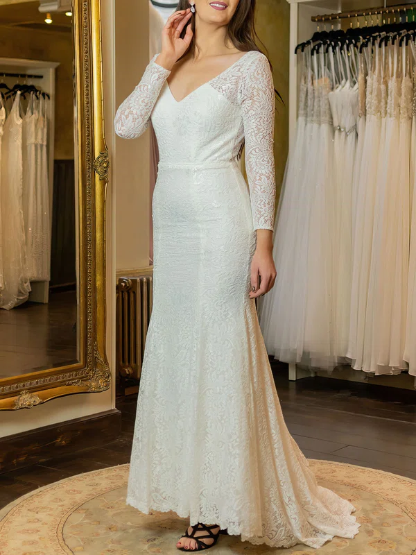 Trumpet/Mermaid V-neck Lace Sweep Train Wedding Dress #UKM00026917