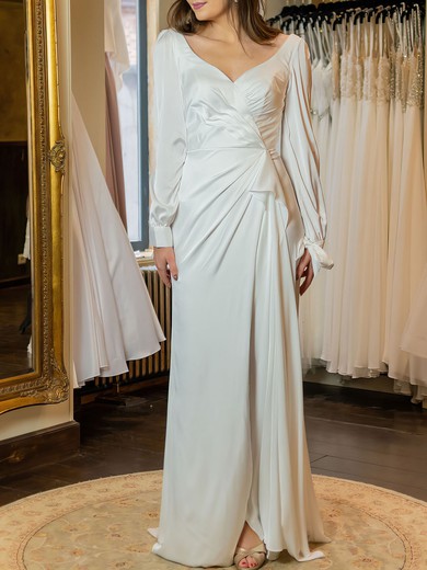 Sheath/Column V-neck Silk-like Satin Sweep Train Wedding Dress #UKM00026918