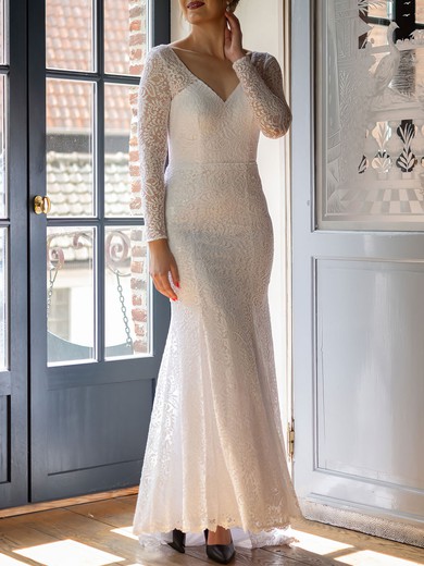 Trumpet/Mermaid V-neck Lace Sweep Train Wedding Dress #UKM00026919