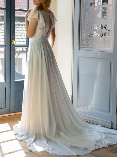 A-line V-neck Chiffon Court Train Wedding Dress #UKM00026920