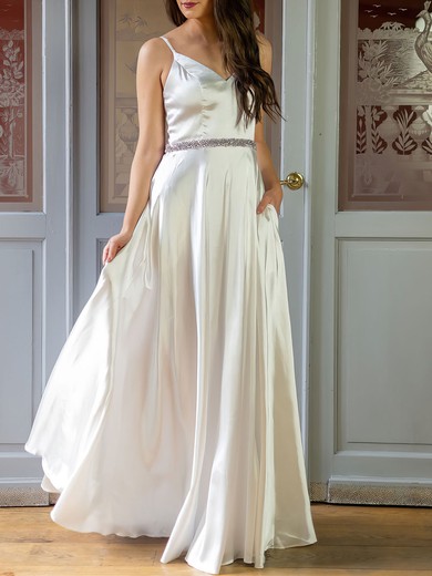 A-line V-neck Silk-like Satin Floor-length Wedding Dress #UKM00026921