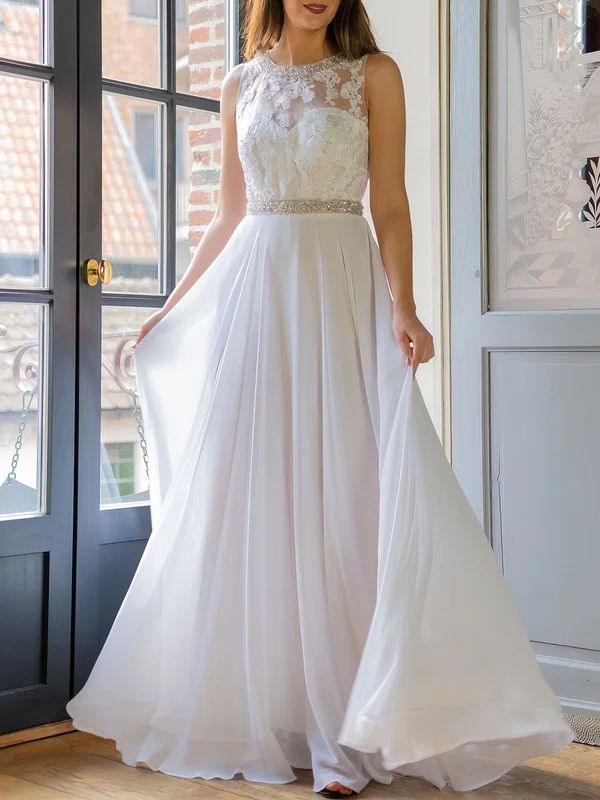 A-line Boat Neckline Chiffon Floor-length Wedding Dress #UKM00026922