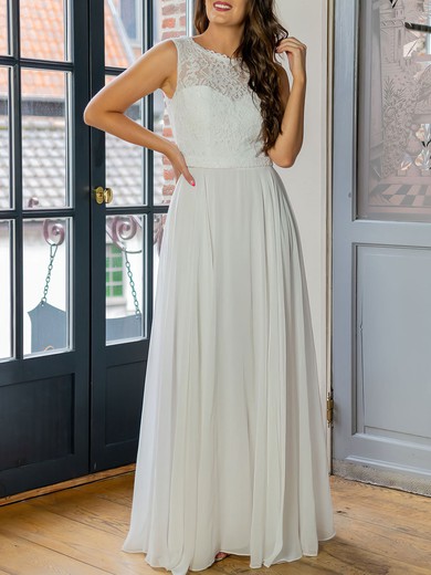 A-line Boat Neckline Lace Chiffon Floor-length Wedding Dress #UKM00026924