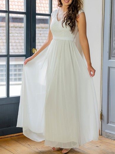 A-line V-neck Lace Chiffon Floor-length Wedding Dress #UKM00026925