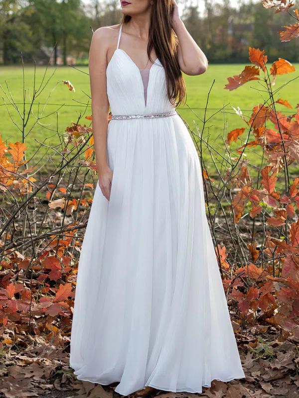 A-line V-neck Chiffon Floor-length Wedding Dress #UKM00026926