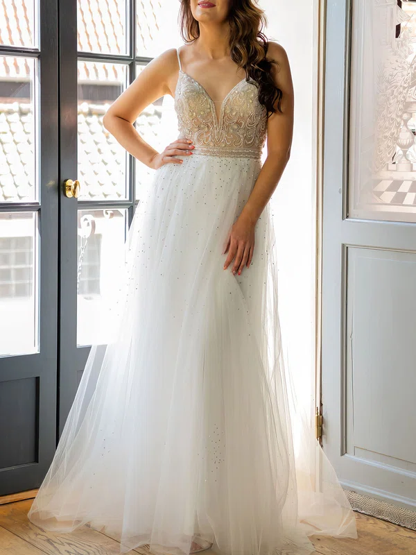 A-line V-neck Tulle Sweep Train Wedding Dress #UKM00026927