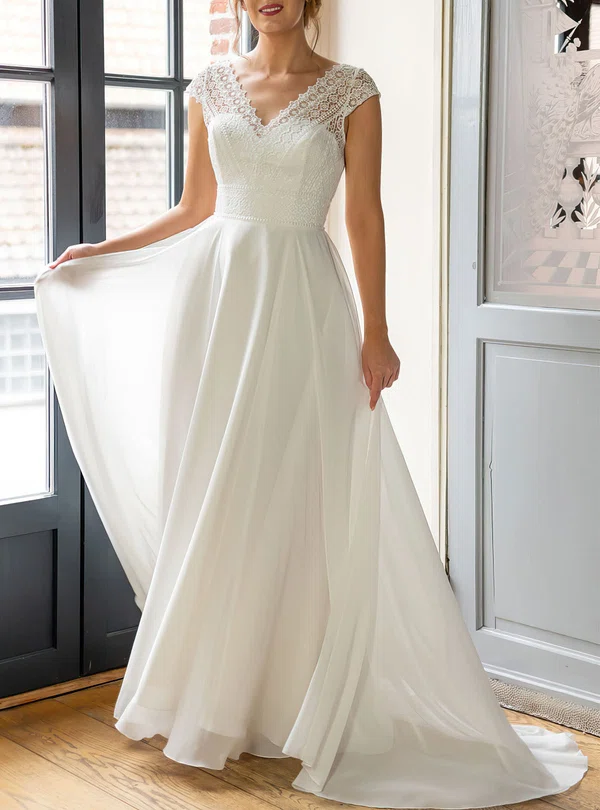 A-line V-neck Lace Chiffon Sweep Train Wedding Dress #UKM00026928