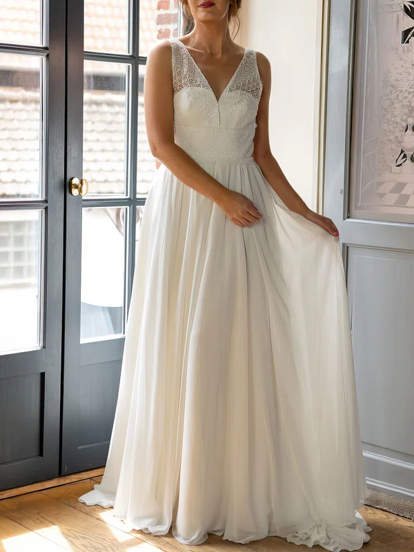 A-line V-neck Lace Chiffon Sweep Train Wedding Dress #UKM00026929