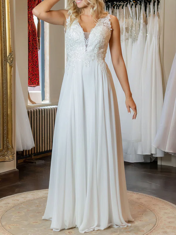 A-line V-neck Chiffon Floor-length Wedding Dress #UKM00026930