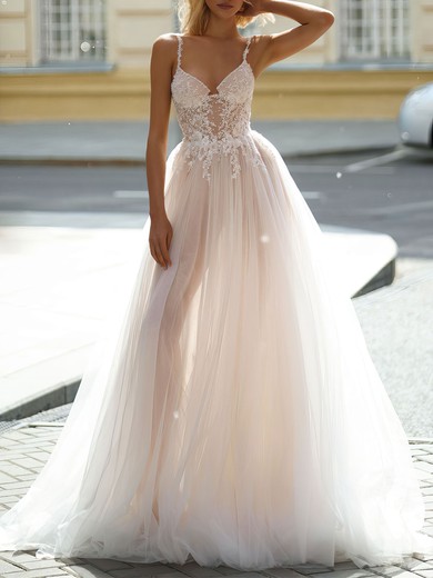 Ball Gown/Princess V-neck Tulle Chapel Train Wedding Dress #UKM00026934