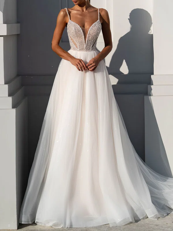 Ball Gown/Princess V-neck Tulle Chapel Train Wedding Dress #UKM00026936