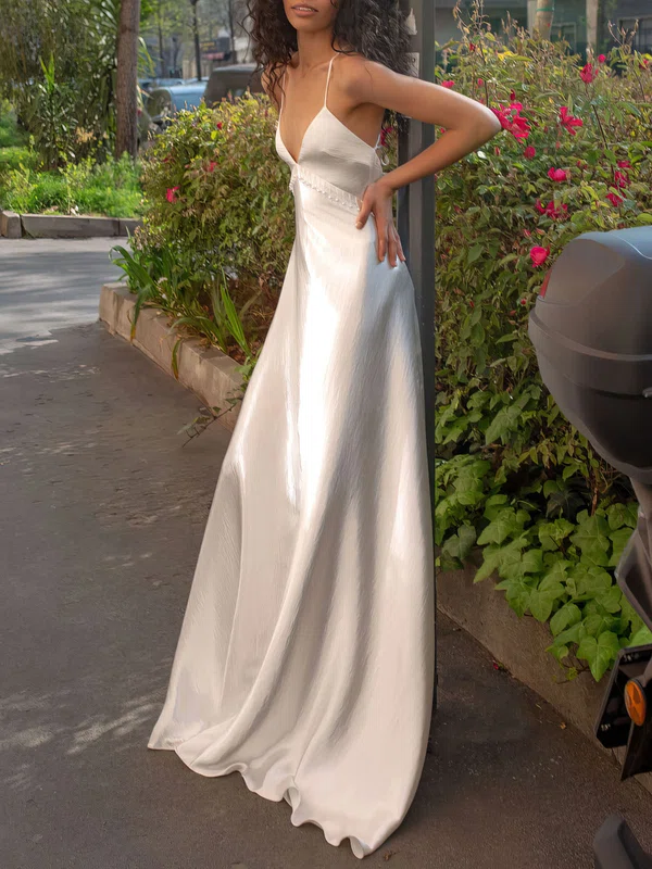 A-line V-neck Satin Chapel Train Wedding Dress #UKM00026938