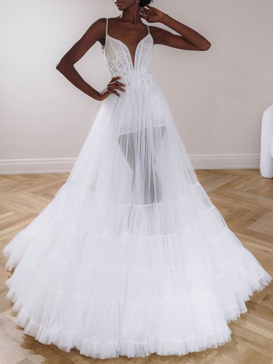 Ball Gown/Princess V-neck Tulle Court Train Wedding Dress #UKM00026939