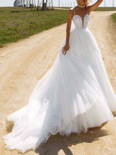 Ball Gown/Princess V-neck Tulle Watteau Train Wedding Dress #UKM00026944