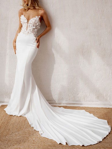 Trumpet/Mermaid V-neck Stretch Crepe Watteau Train Wedding Dress #UKM00026945