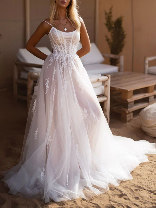 Ball Gown/Princess Scoop Neck Tulle Watteau Train Wedding Dress #UKM00026948