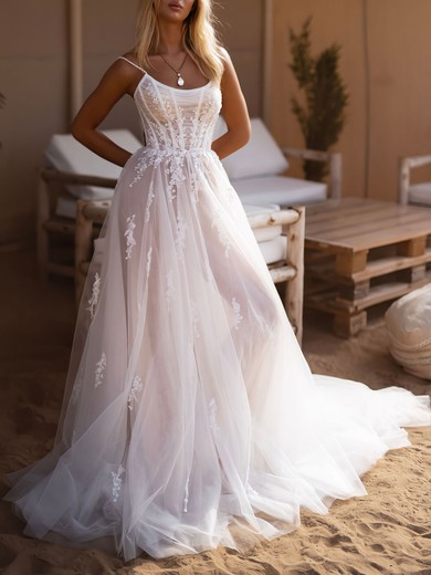 Ball Gown/Princess Scoop Neck Tulle Watteau Train Wedding Dress #UKM00026948