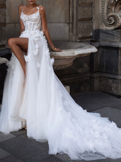 Ball Gown/Princess V-neck Tulle Watteau Train Wedding Dress #UKM00026952