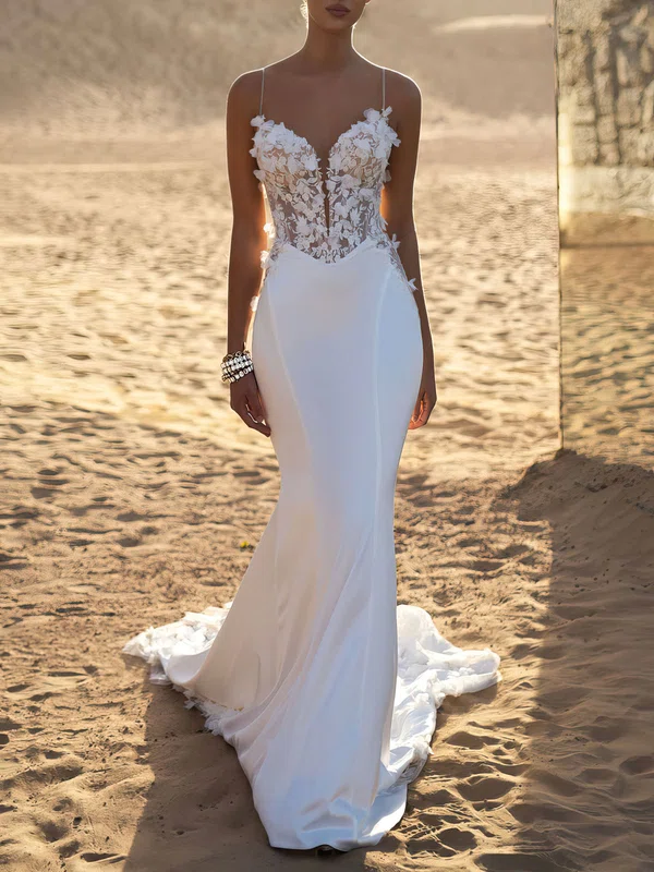 Trumpet/Mermaid V-neck Stretch Crepe Chapel Train Wedding Dress #UKM00026957