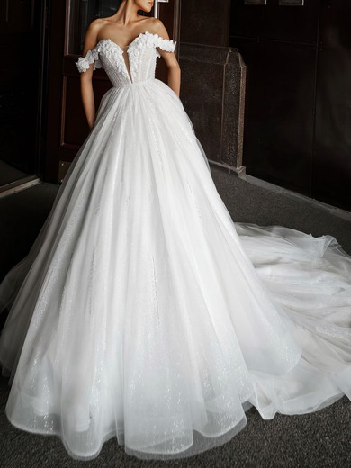 Ball Gown/Princess Off-the-shoulder Tulle Glitter Watteau Train Wedding Dress #UKM00026965