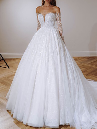 Ball Gown/Princess Illusion Glitter Watteau Train Wedding Dress #UKM00026977