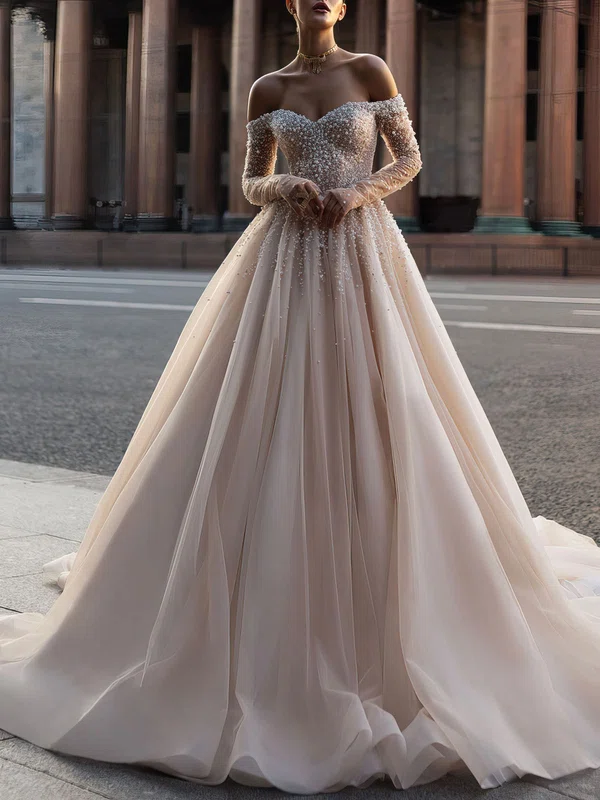 Ball Gown/Princess Off-the-shoulder Tulle Watteau Train Wedding Dress #UKM00026980