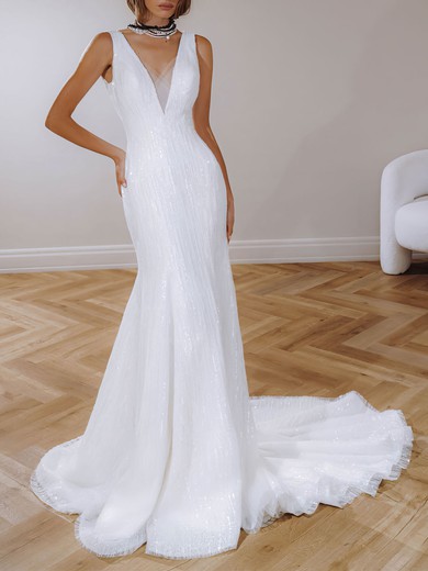 Trumpet/Mermaid V-neck Tulle Sequined Watteau Train Wedding Dress #UKM00026982